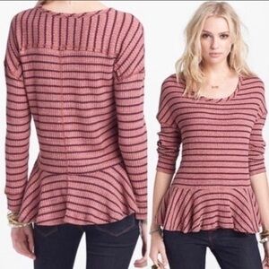 Free People Auntie Em Thermal Long Sleeve Top Striped Ruffle Bottom Medium